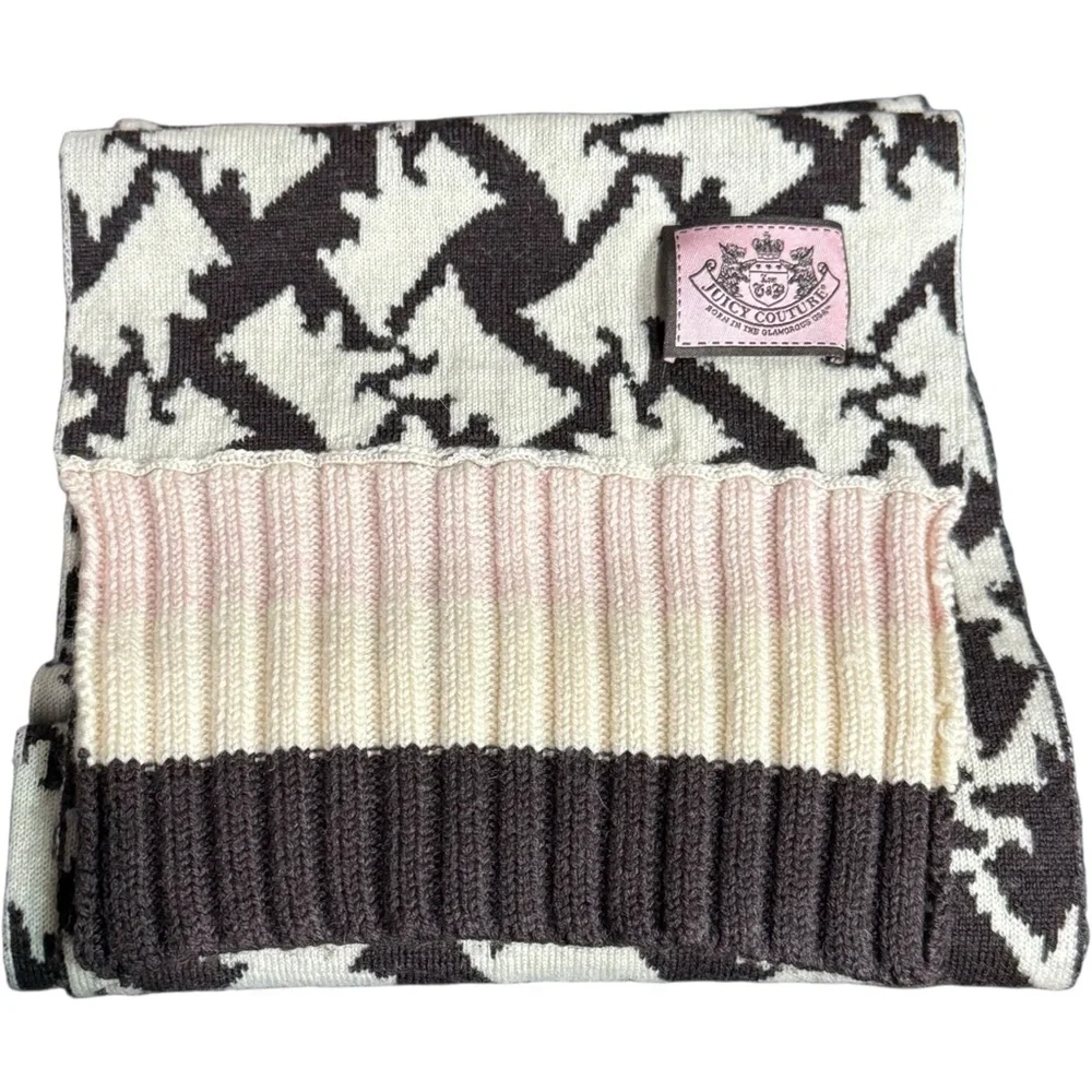 VTG Juicy Couture Y2K‎ 100% Wool Scarf Brown, Cream, Pink 74